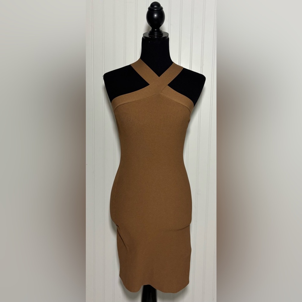 Aritzia Babaton Sculpt Knit Criss Cross Dress Brown Ribbed Small Quiet luxury